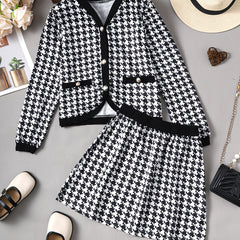 Girls V-neck Cardigan & Skirt 2pcs Houndstooth Casual Kids Clothes