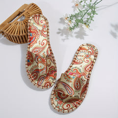 Women's Pattern Slide Sandals Open Toe Slip On Linen Flat Shoes