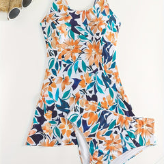 Floral Tankini Set Round Neck Swimsuit 2 Piece