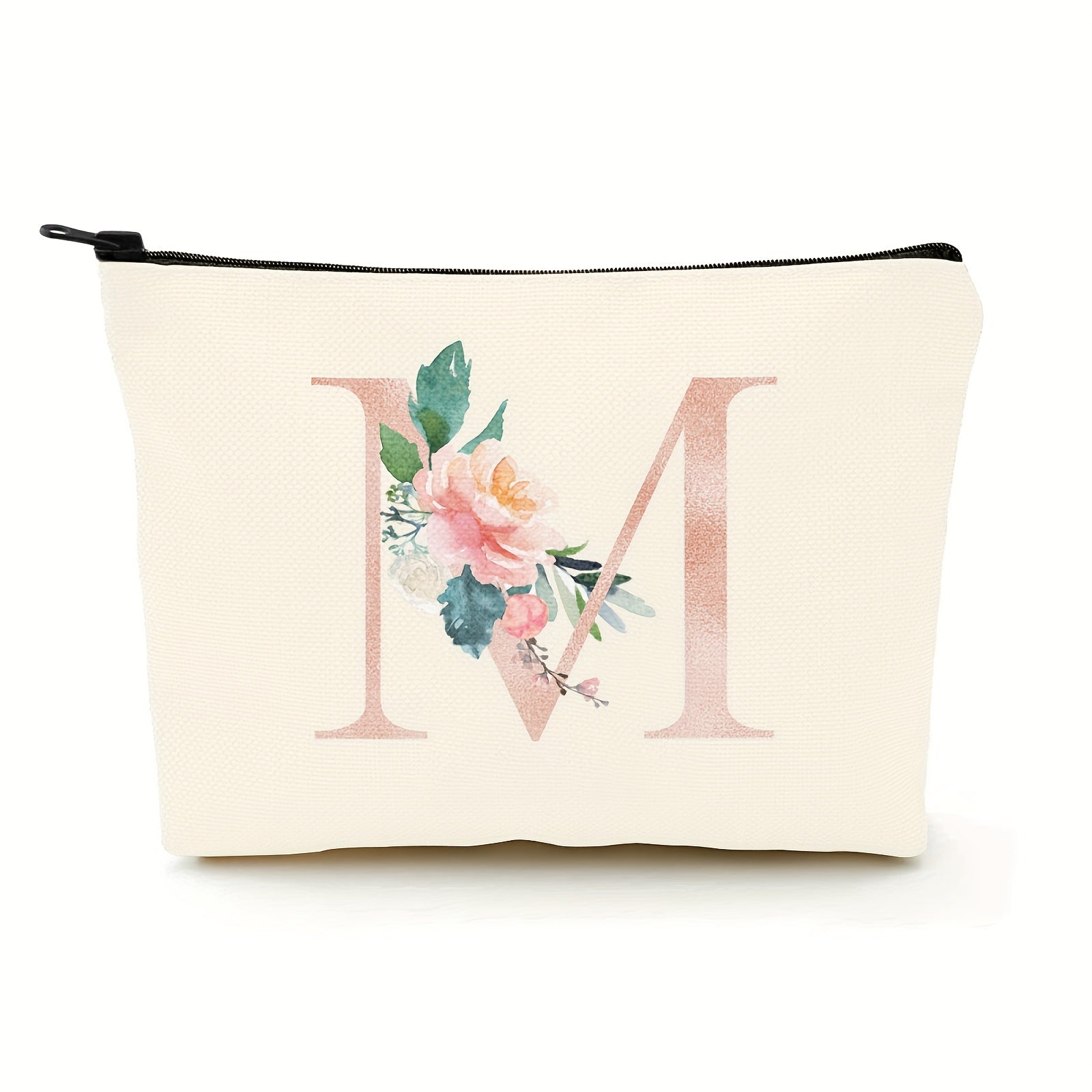 Floral Initial Makeup Bag Zipper Cosmetic Pouch Monogrammed Gift