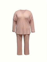 Solid Cable Knit Top & Pants Casual Outfit Set