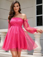 Off Shoulder Flounce Sleeve Mesh Dress