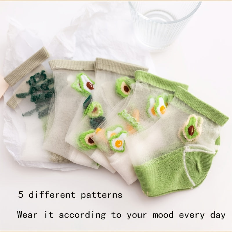 5 Pairs Funny Pattern Mesh Socks Women's Short Stockings