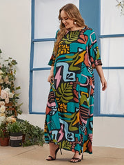 Tropical Print Round Neck Maxi Dress