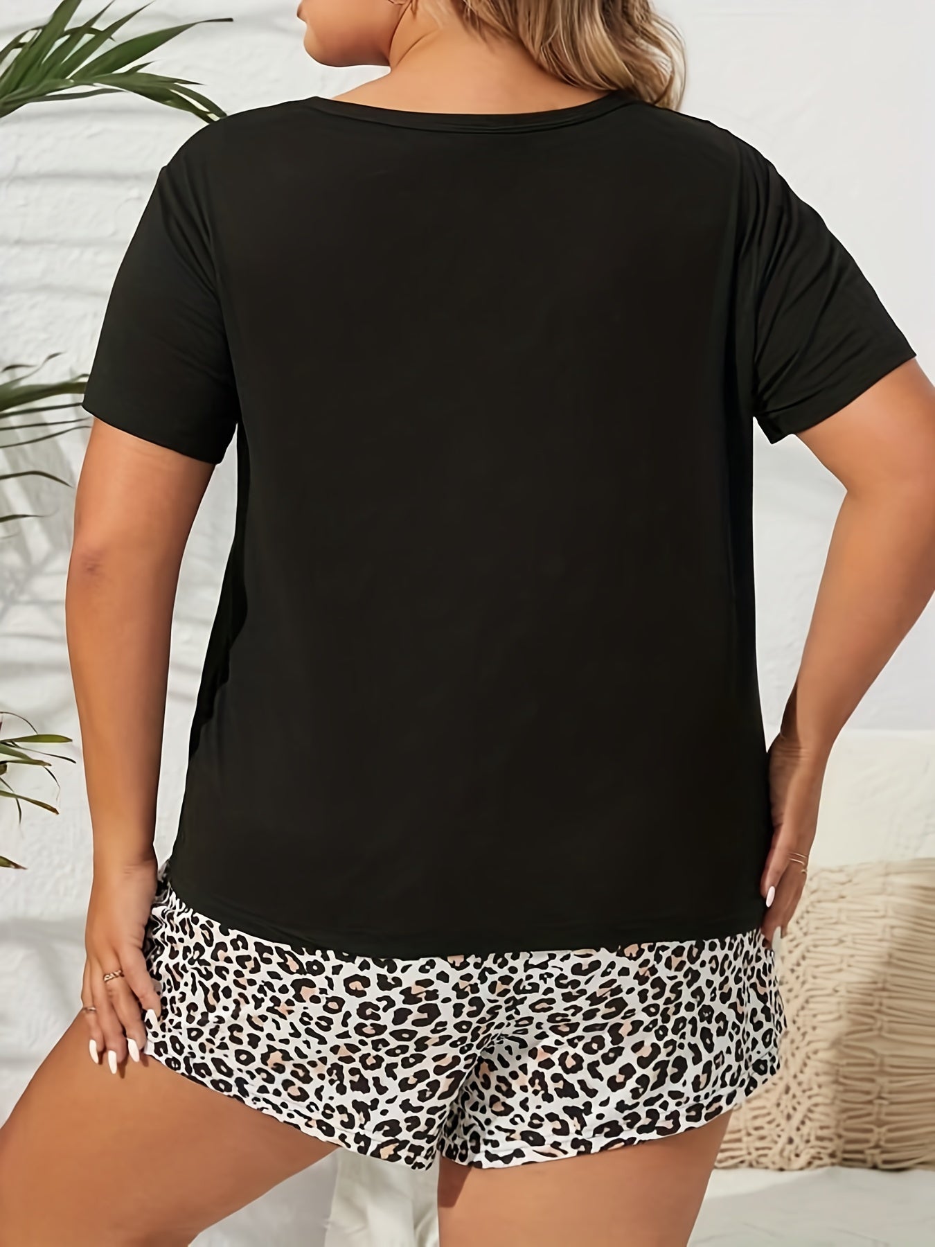 Rainbow Lip Print Short Sleeve Top & Leopard Print Shorts Pajama Set