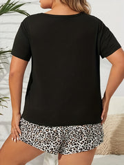 Rainbow Lip Print Short Sleeve Top & Leopard Print Shorts Pajama Set
