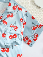 Girls Cherry Print Short Sleeve Shorts Pajama Set