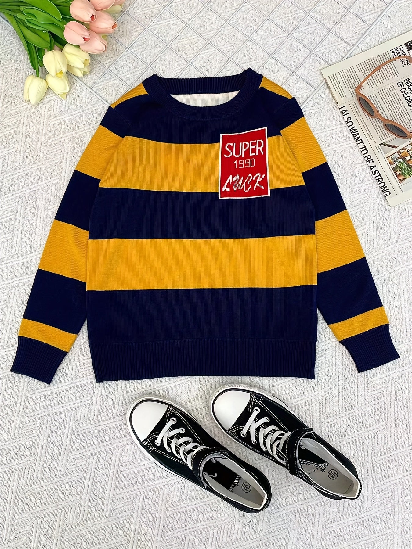 Boys Casual Striped Sweater Round Neck Long Sleeve Warm Knit Pullover Top