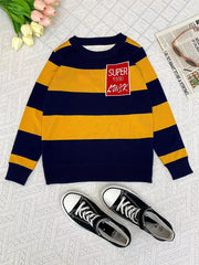Boys Casual Striped Sweater Round Neck Long Sleeve Warm Knit Pullover Top