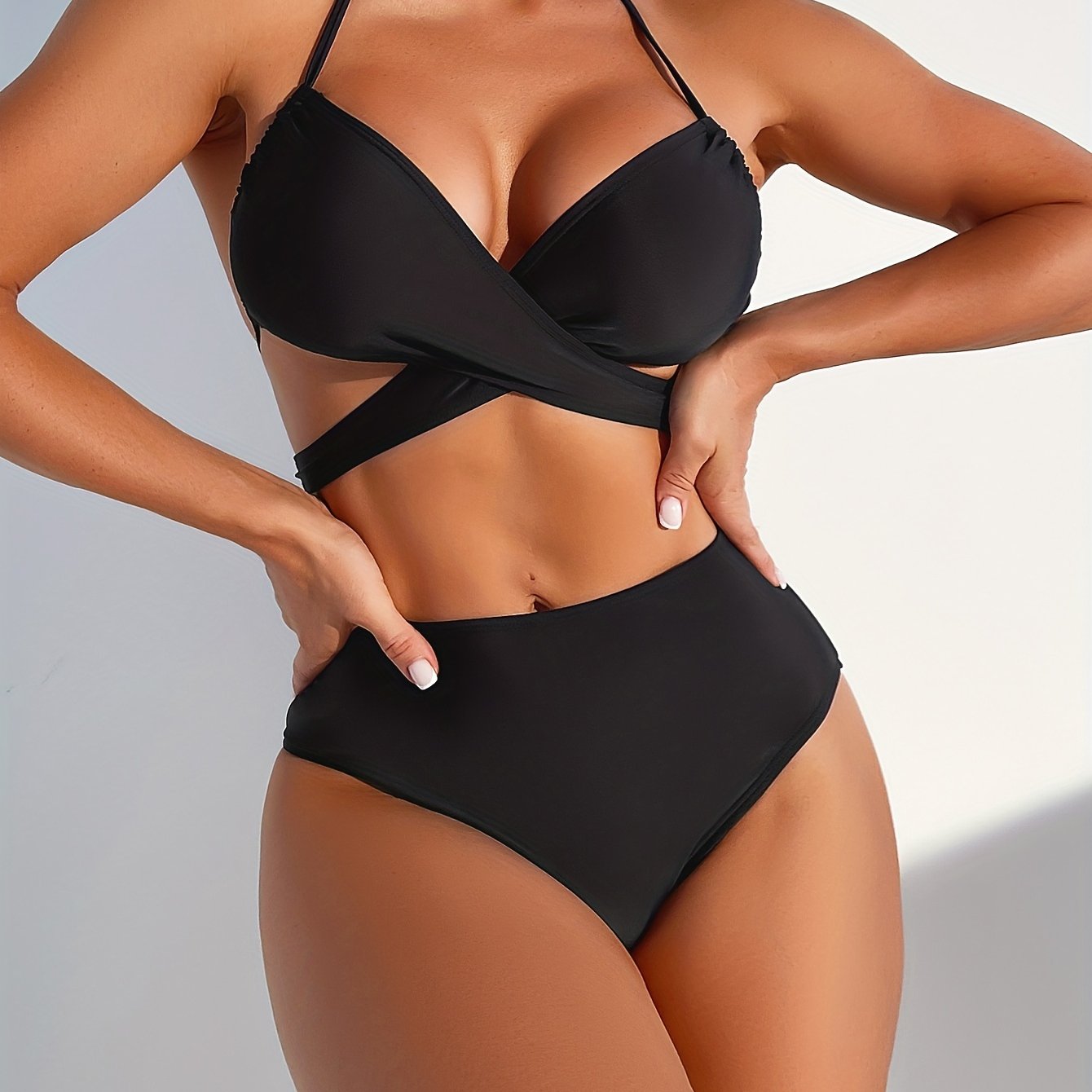 Black Criss Cross 2 Piece Bikini Set Halter Tie High Waist Stretchy Swimsuit