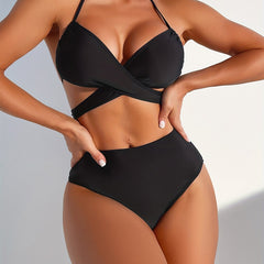 Black Criss Cross 2 Piece Bikini Set Halter Tie High Waist Stretchy Swimsuit