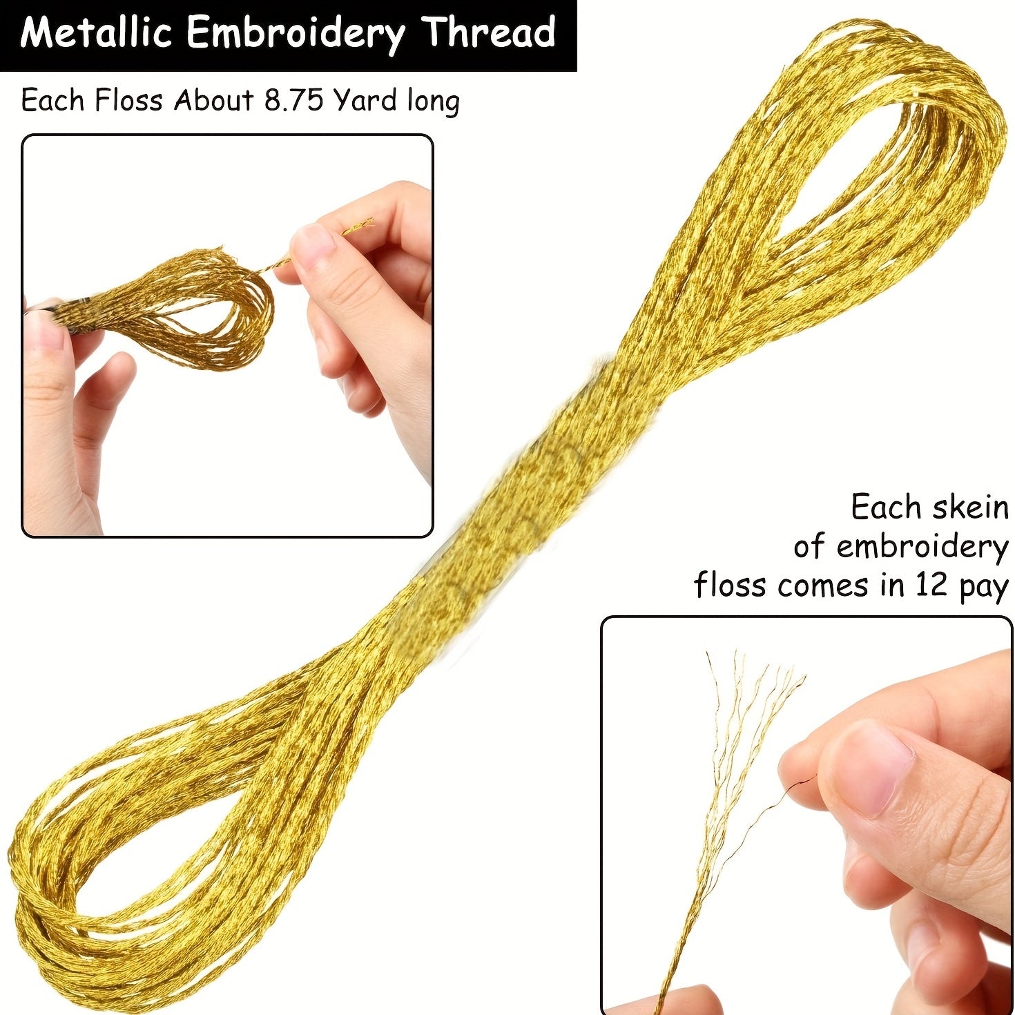 12 Skeins Metallic Embroidery Thread Cross Stitch Threads Golden Silvery