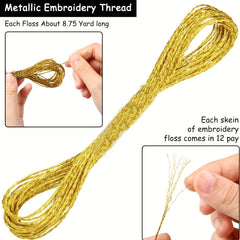 12 Skeins Metallic Embroidery Thread Cross Stitch Threads Golden Silvery