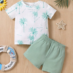 2pcs Baby Boys Coconut Trees Print T shirt & Shorts Summer Clothes Sets