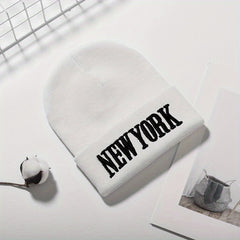 YORK Embroidery Beanie Unisex Solid Couple Knit Hat Casual Warm