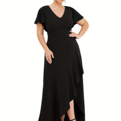Solid Ruffle Trim Cap Sleeve Maxi Dress Women's Plus Medium