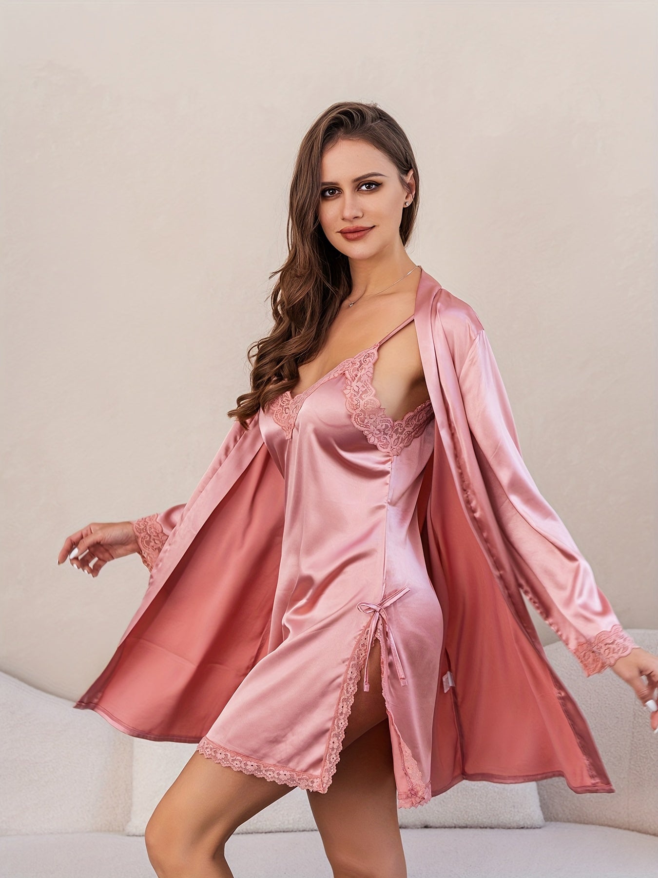 Lace Stitching Lounge Set Long Sleeve Robe & Slip Dress