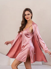 Lace Stitching Lounge Set Long Sleeve Robe & Slip Dress