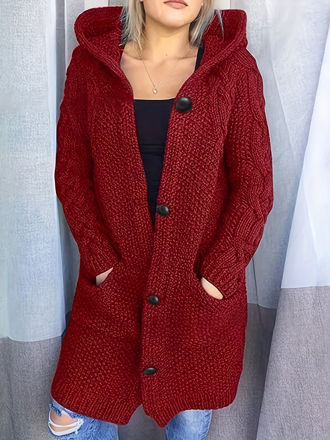 Hooded Cardigan Button Front Long Sleeve Sweater