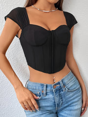 Mesh Stitching Corset Top Solid Button Front Crop Top