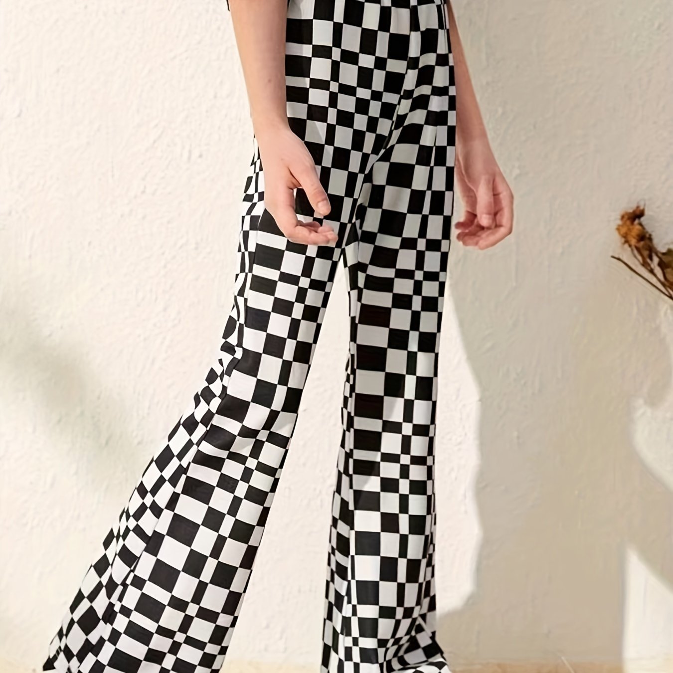 Girl's Plaid High Waisted Flare Leg Pants Stretch Bell Bottom