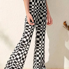 Girl's Plaid High Waisted Flare Leg Pants Stretch Bell Bottom