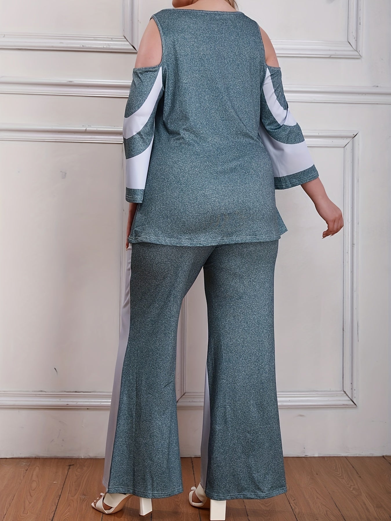 Colorblock Cold Shoulder Top & Flared Leg Pants Set