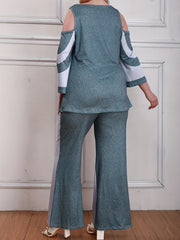 Colorblock Cold Shoulder Top & Flared Leg Pants Set
