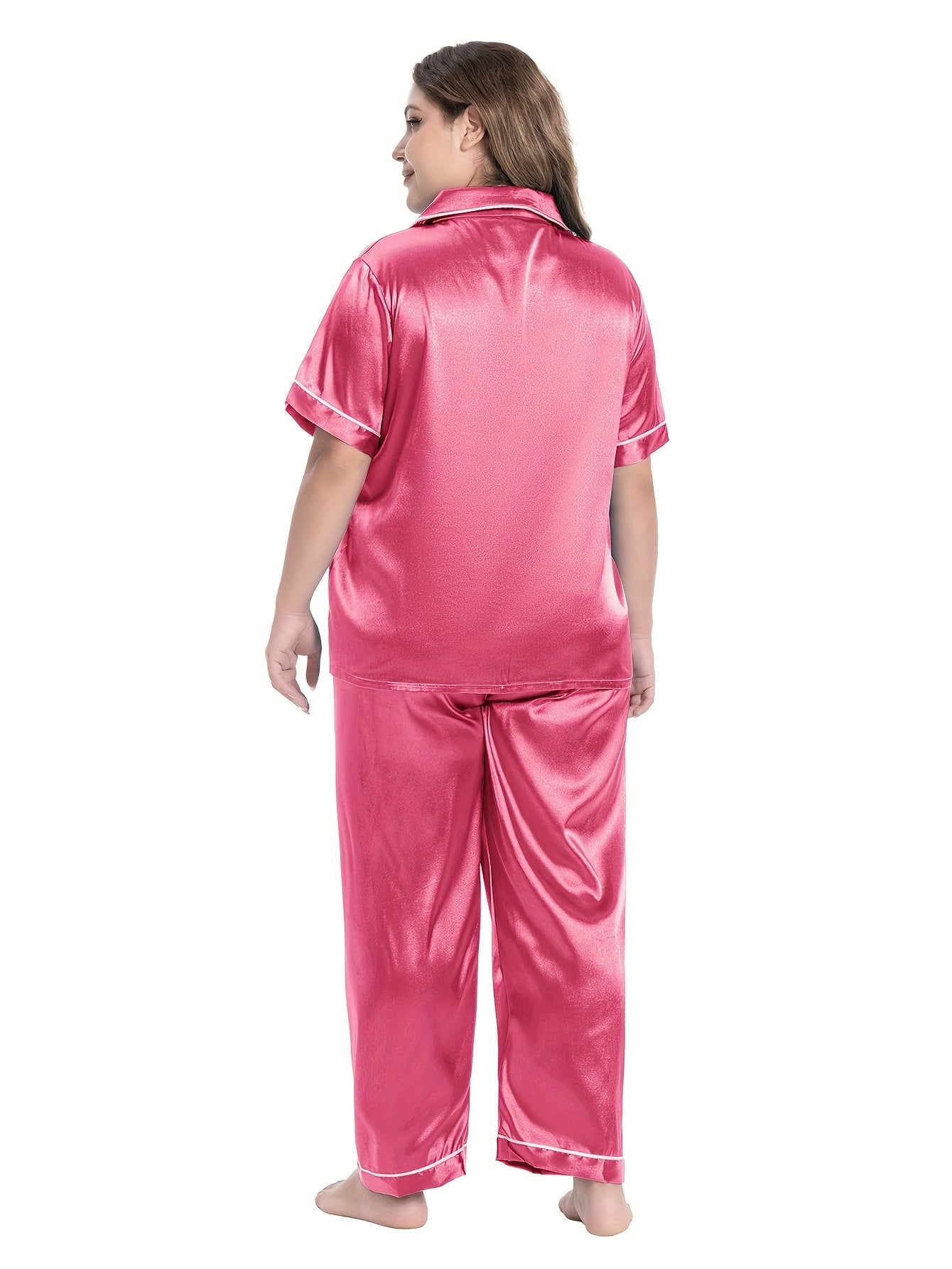 Satin Contrast Pajamas Set Short Sleeve Shirt & Pant
