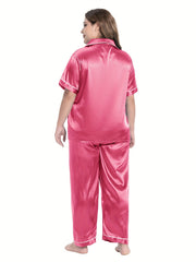 Satin Contrast Pajamas Set Short Sleeve Shirt & Pant