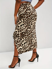 Leopard Print Drawstring Ruched Skirt Bodycon Split Skirt