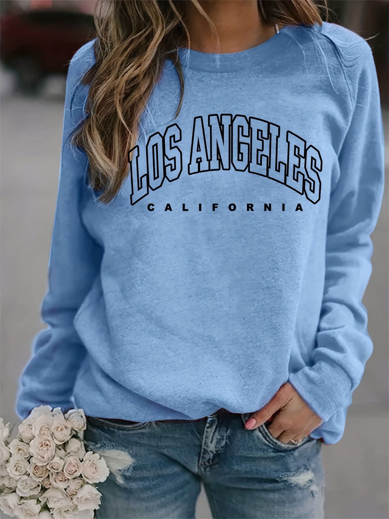LA Print Crew Neck Sweatshirt Long Sleeve Casual Winter Fall Women's Clothing