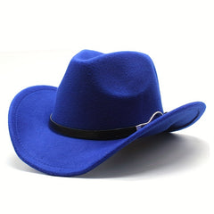 Classic Rolled Brim Cowboy Hat Belt Decor Jazz Fedora Cap Solid Felt Hat Unisex