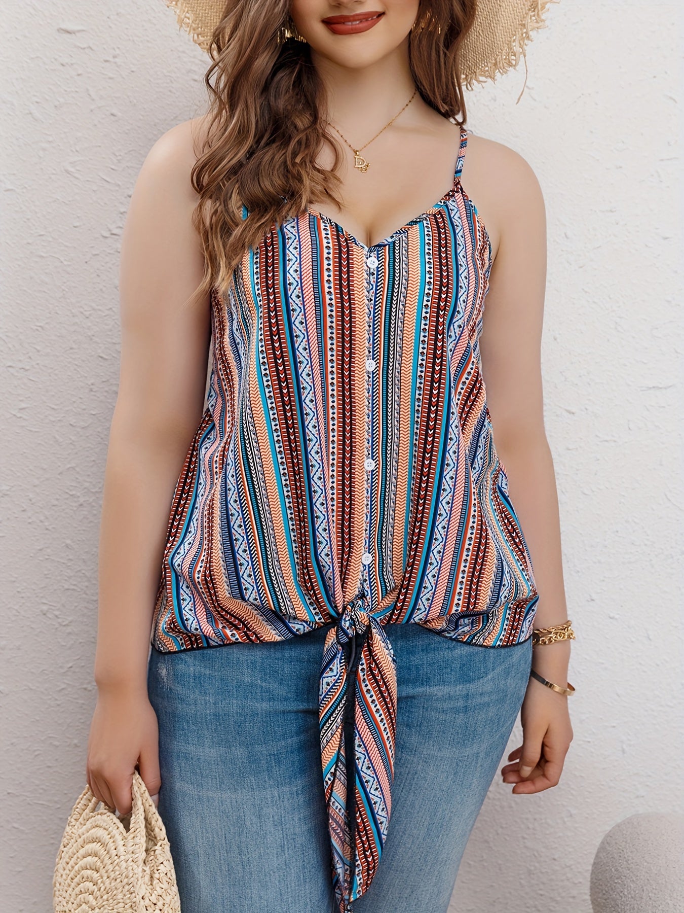 Striped Print Button Decor V Neck Tie Front Cami Top