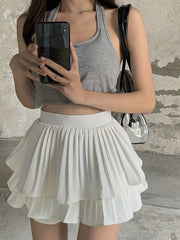 Pleated Layered Mini Skirt Solid Summer Women's Clothing