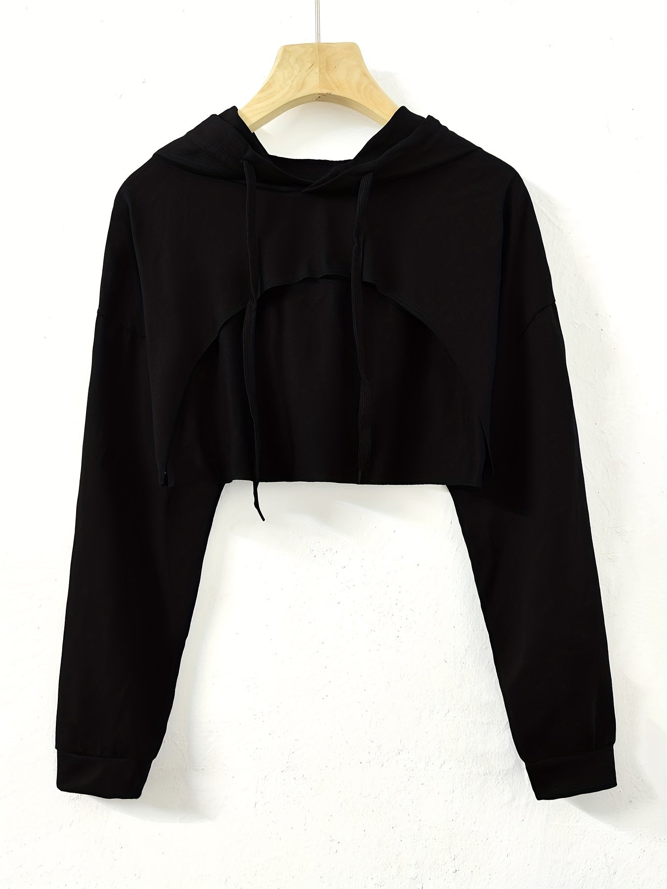 Y2K Solid Drawstring Crop Hoodie Loose Hooded Long Sleeve Crop Sweatshirt