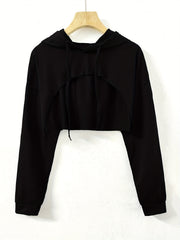 Y2K Solid Drawstring Crop Hoodie Loose Hooded Long Sleeve Crop Sweatshirt