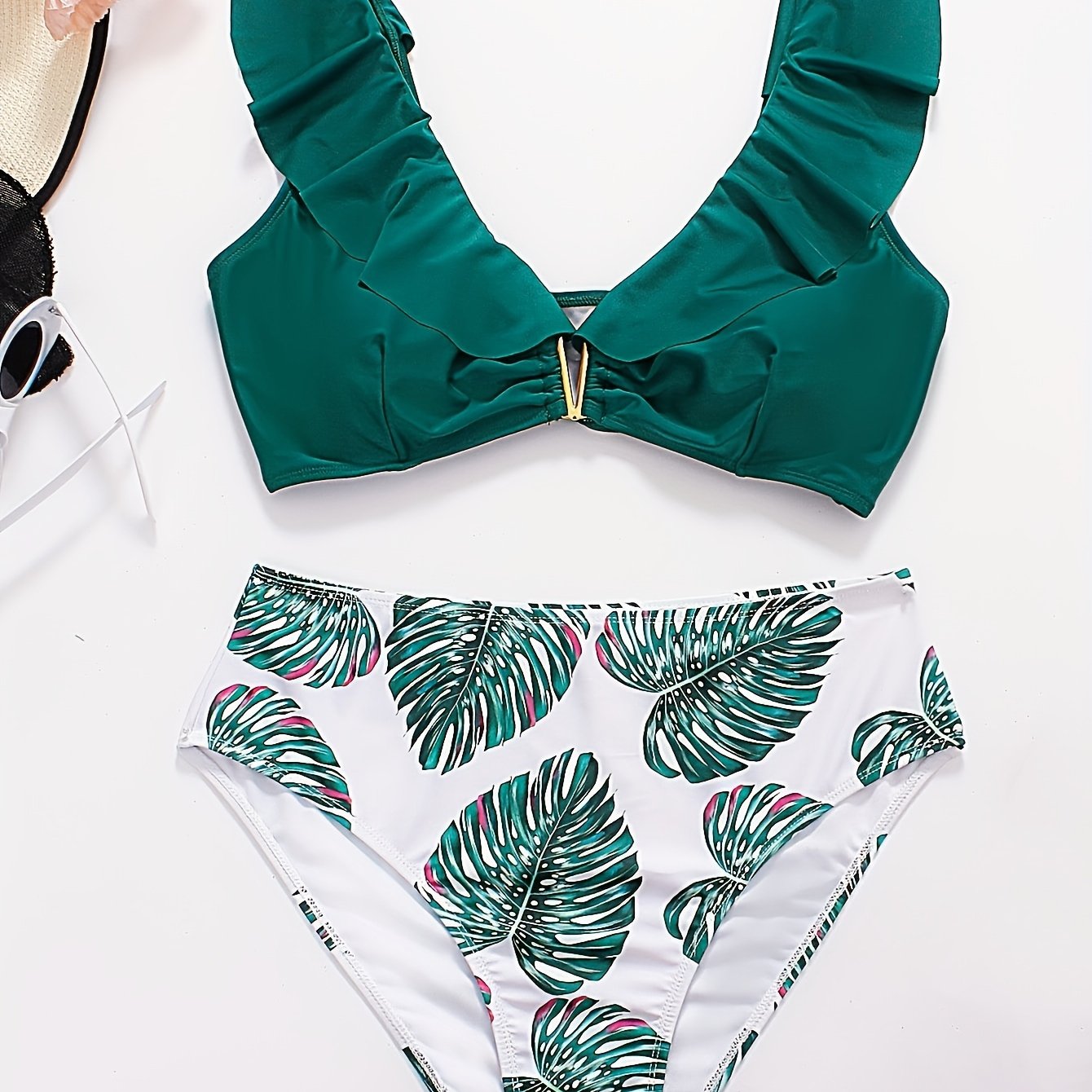 Vacay Bikini Set Solid V Wired Ruffle Trim Bra & Tropical Print Panty
