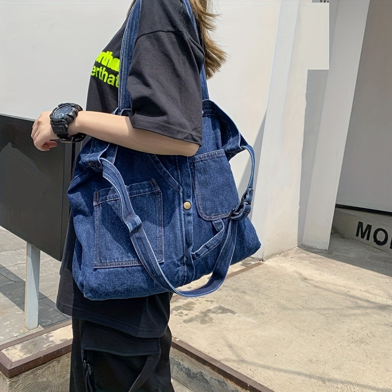 Vintage Denim Tote Bag Crossbody Handbag for School Work Travel