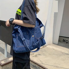 Vintage Denim Tote Bag Crossbody Handbag for School Work Travel