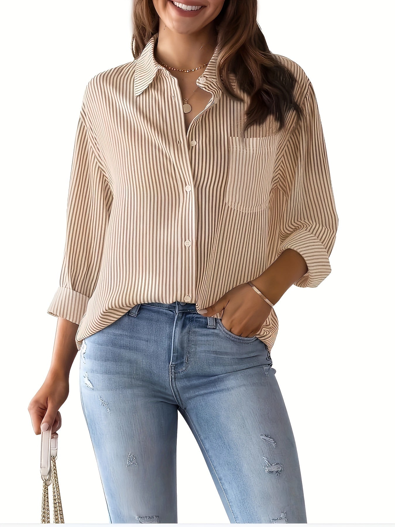 Stripe Print Button Up Long Sleeve Blouse