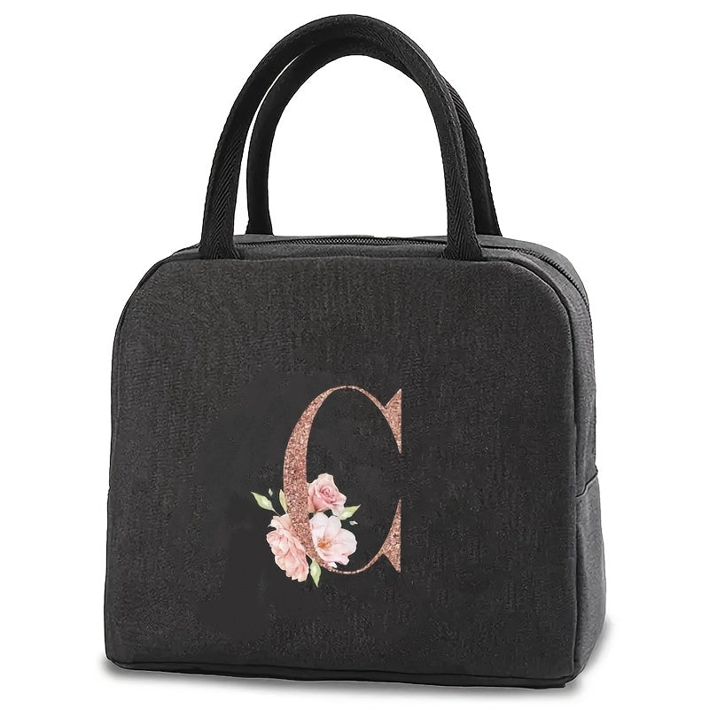 Glittery Letter B Insulated Lunch Bag with Floral Design