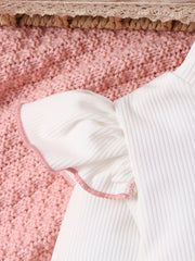 Girl's Bowknot Decor Outfit Ribbed Top & Pleated Skirt Set