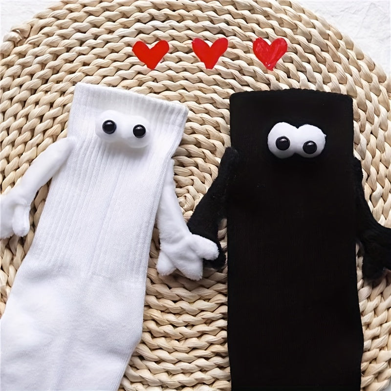 2 Pairs Hand In Hand & Cartoon Eyes Decor Socks Women's Stockings