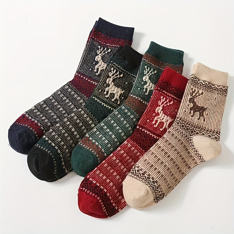 5 Pairs Cartoon Elk Print Socks Warm Christmas Mid Tube Women's Stockings