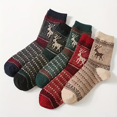 5 Pairs Cartoon Elk Print Socks Warm Christmas Mid Tube Women's Stockings