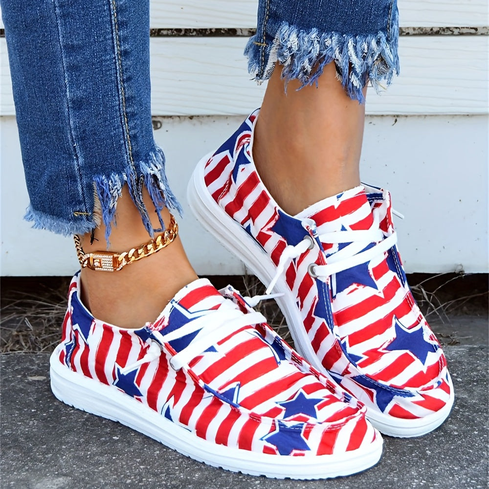 Women's Star & Stripe Pattern Walking Shoes Independence Lace Up Canvas Shoes