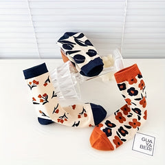 3 Pairs Floral Print Socks Breathable Mid Tube Stockings