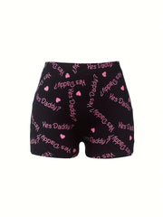 Women's Plus Heart & Slogan Print High Rise Skinny Shorts