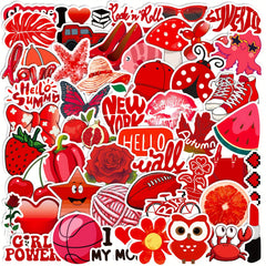 50pcs Red Mix & Match Small Fresh Cartoon Stickers DIY Waterproof Decoration